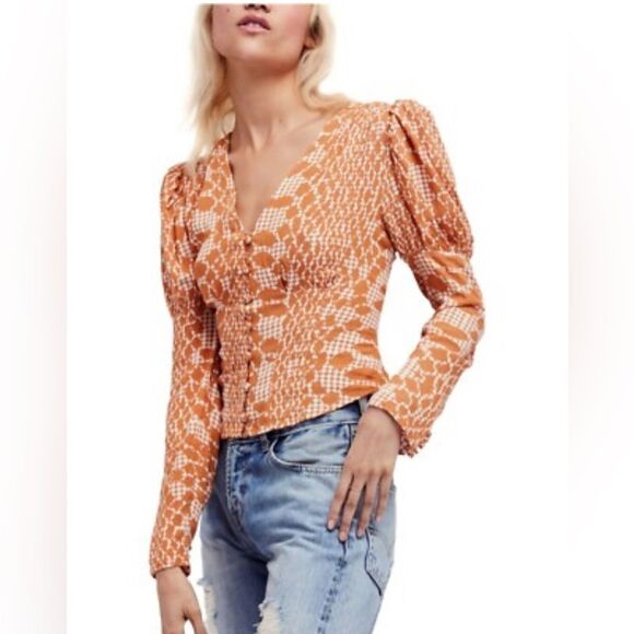 Free People Sweet On You Orange animal print Printed Shirt Blouse. Small - Picture 1 of 6